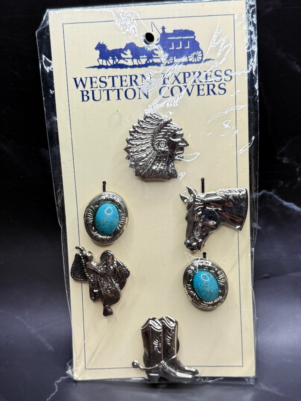 NEW VTG 6 Western Express Button Covers Silver Tone Horse Native Saddle Boots